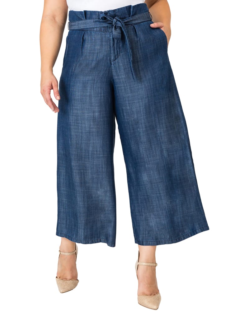 Front of a model wearing a size 14 Genesis Denim Wide Leg Gaucho Pant in Blue Dark Stone by Standards & Practices. | dia_product_style_image_id:276185